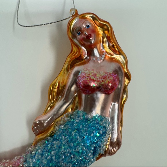 Vintage Mermaid Christmas Ornament Blown Glass Glitter Beads Accents - Picture 3 of 8